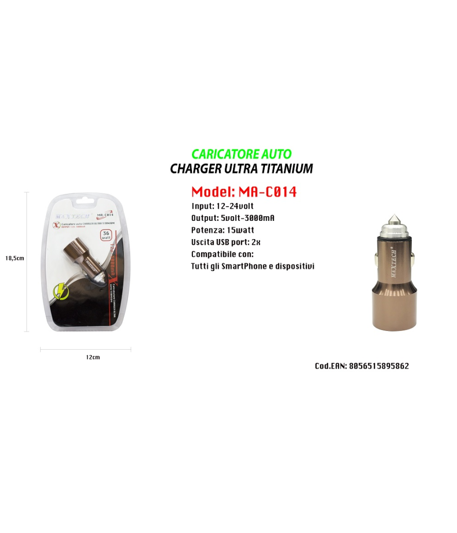 Caricatore Auto Portatile Per Smartphone Dispositivi 15w 12-24v Maxtech Ma-c014         