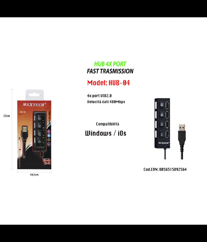 Caricatore Multipresa Hub 4 Porte Usb 2.0 Singola Windows Macos Maxtech Hub-04         