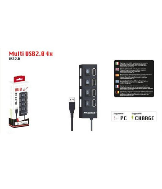 Caricatore Multipresa Hub 4 Porte Usb 2.0 Singola Windows Macos Maxtech Hub-04         