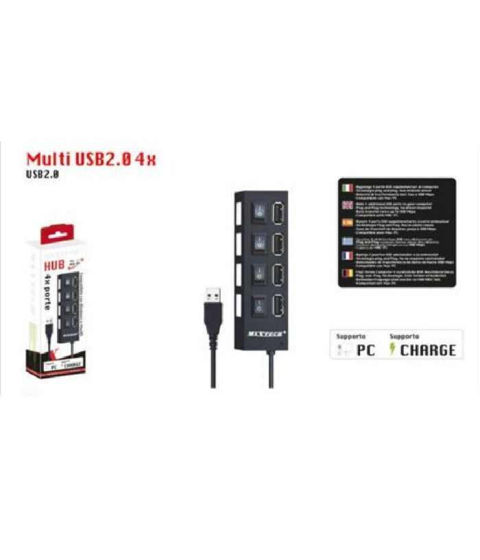 Caricatore Multipresa Hub 4 Porte Usb 2.0 Singola Windows Macos Maxtech Hub-04         