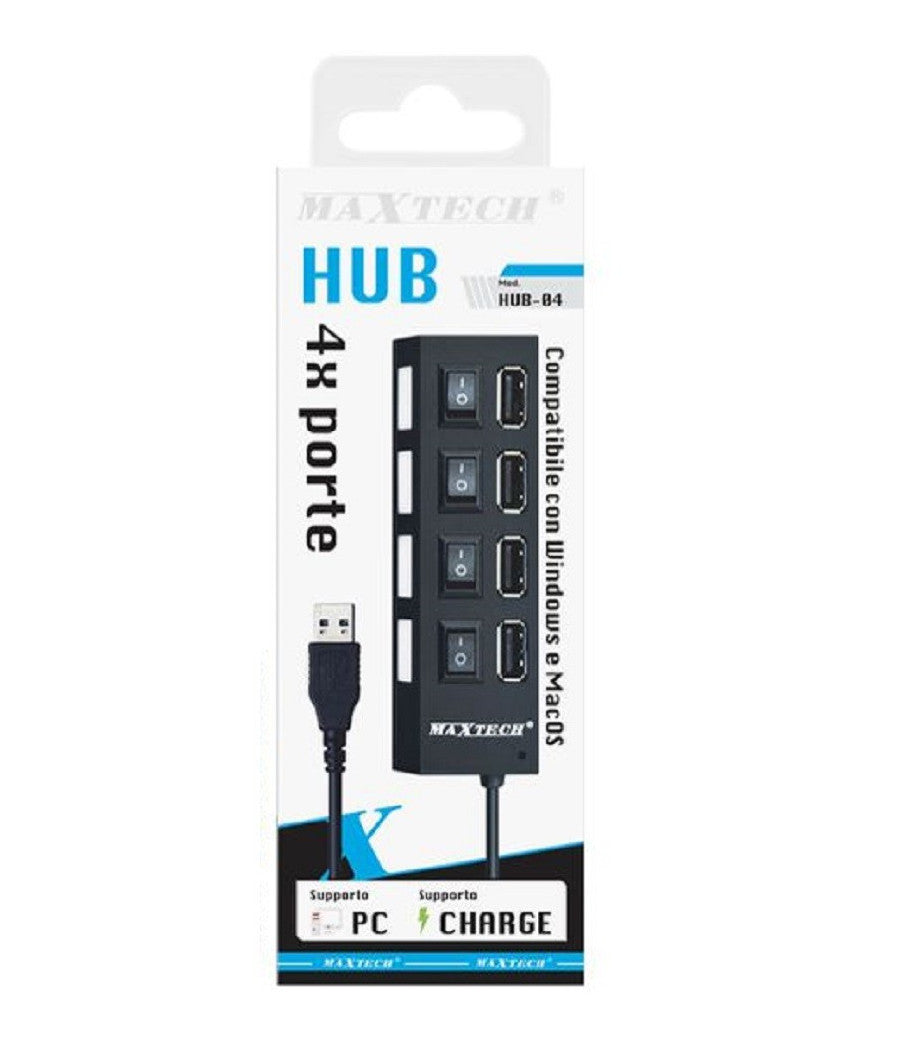 Caricatore Multipresa Hub 4 Porte Usb 2.0 Singola Windows Macos Maxtech Hub-04         