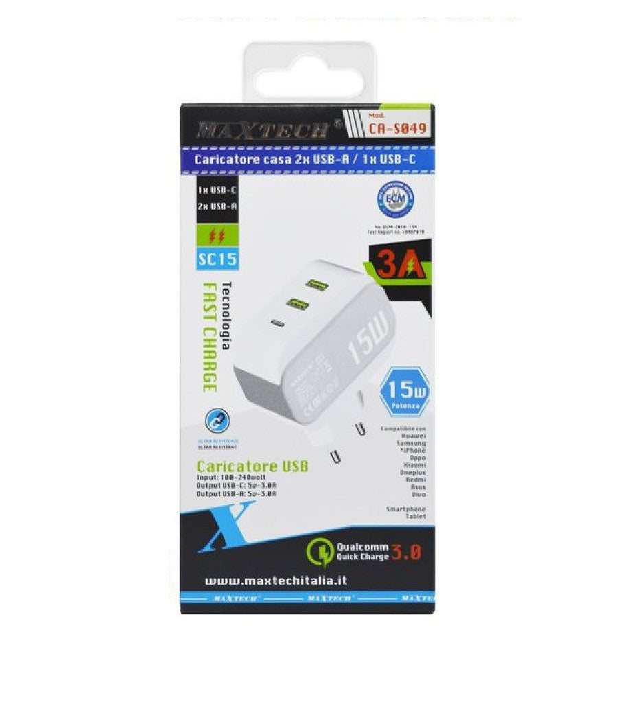 Caricatore Parete Casa Doppia Porta Usb 1x Usb-c Type-c Ricarica 15w 3a Ca-s049         