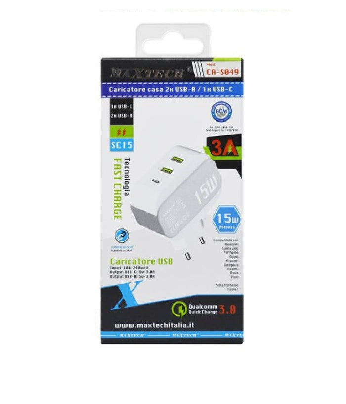Caricatore Parete Casa Doppia Porta Usb 1x Usb-c Type-c Ricarica 15w 3a Ca-s049         