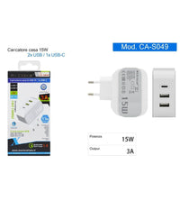 Caricatore Parete Casa Doppia Porta Usb 1x Usb-c Type-c Ricarica 15w 3a Ca-s049         