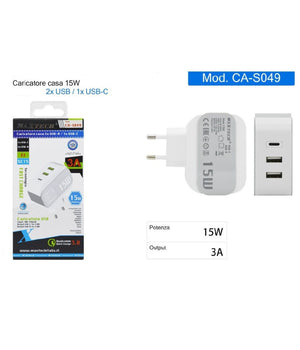 Caricatore Parete Casa Doppia Porta Usb 1x Usb-c Type-c Ricarica 15w 3a Ca-s049         