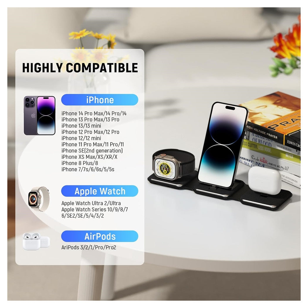 Trade Shop - Caricatore Pieghevole 3in1 Stazione Ricarica Portatile Per Apple Watch Iphone Wireless -
