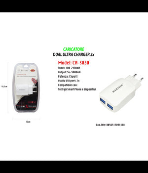 Caricatore Portatile Presa 2 Usb Per Smartphone 5v - 3100ma Maxtech 18w Ca-s030         