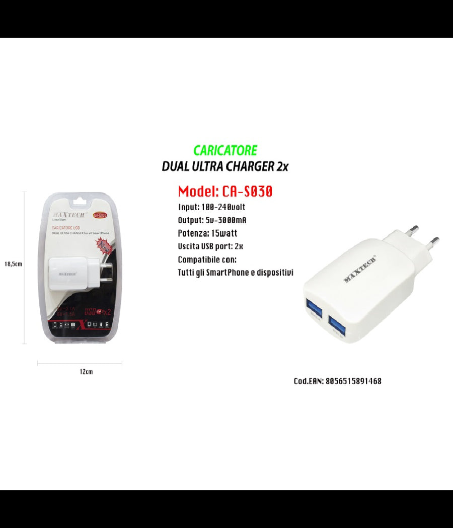 Caricatore Portatile Presa 2 Usb Per Smartphone 5v - 3100ma Maxtech 18w Ca-s030         
