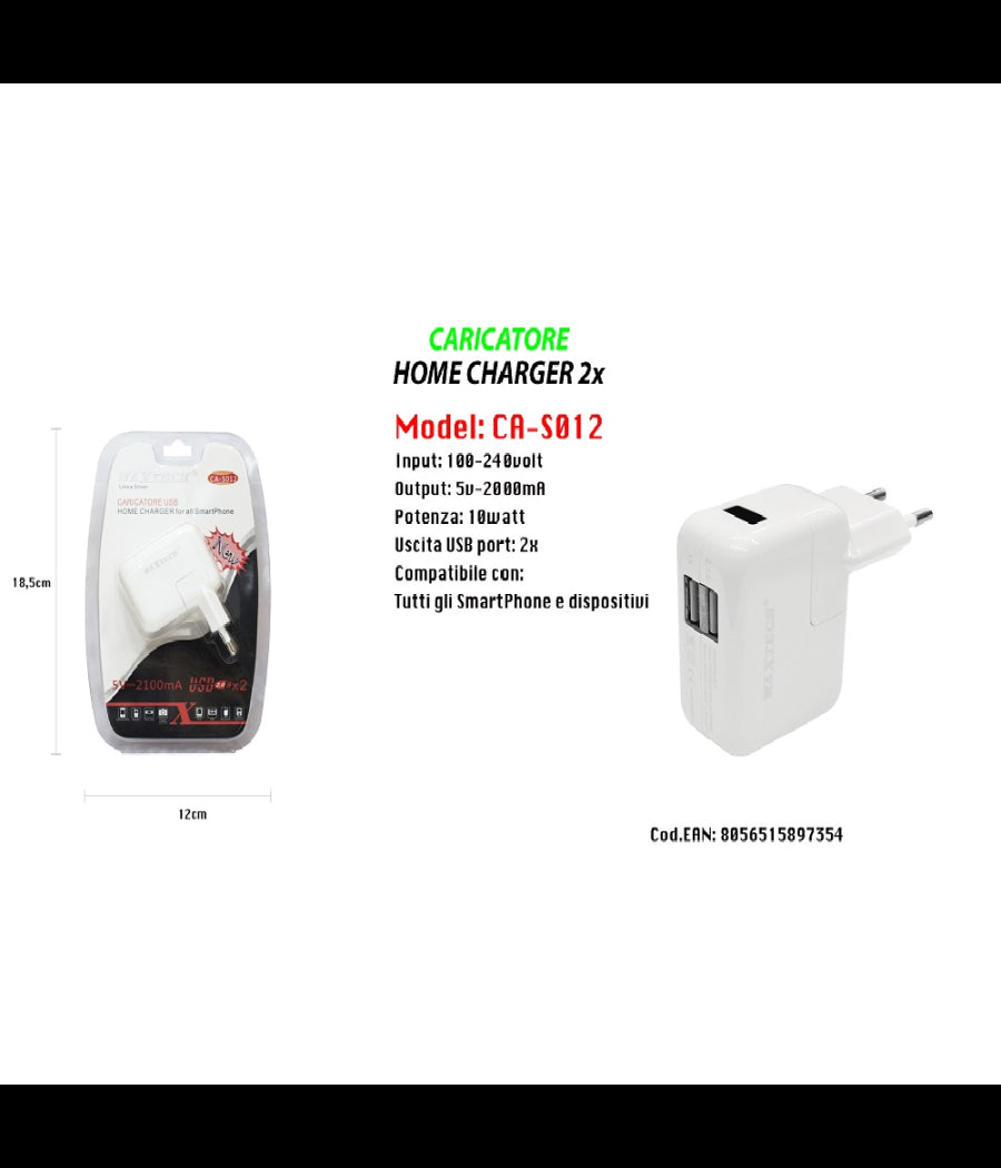 Caricatore Presa Spina 2 Usb Ultra Ricarica Smartphone 5v-2100ma Maxtech Ca-s012         