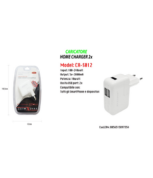 Caricatore Presa Spina 2 Usb Ultra Ricarica Smartphone 5v-2100ma Maxtech Ca-s012         