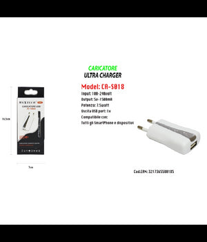 Caricatore Presa Spina Usb Per Iphone Smartphone 5v-1500ma Portatile Maxtech Ca-s018         