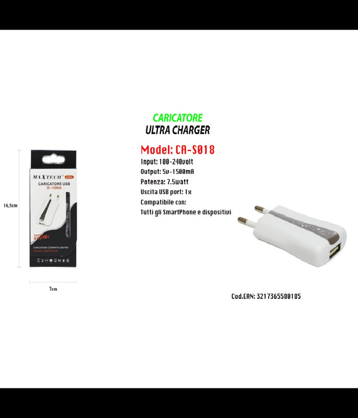 Caricatore Presa Spina Usb Per Iphone Smartphone 5v-1500ma Portatile Maxtech Ca-s018         