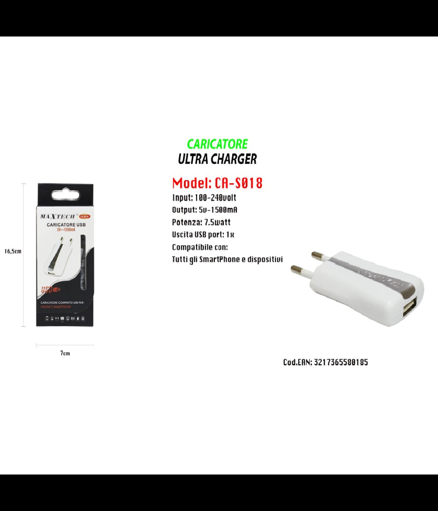 Caricatore Presa Spina Usb Per Iphone Smartphone 5v-1500ma Portatile Maxtech Ca-s018         