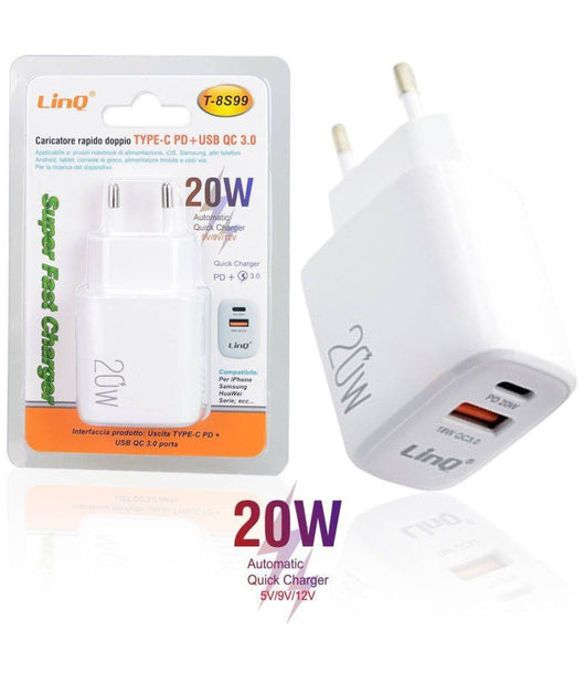 Caricatore Rapido Doppio Type C Pd + Usb Qc 3.0 Super Fast Charger 20w T-8s99         