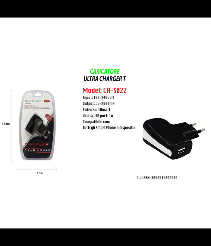 Caricatore Usb A Presa Spina Ricarica Smartphone Dispositivi 5v-2000ma Maxtech Ca-s022         