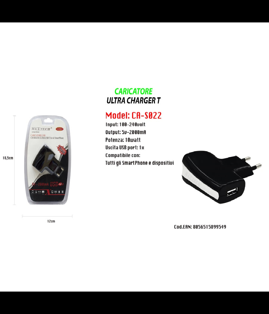 Caricatore Usb A Presa Spina Ricarica Smartphone Dispositivi 5v-2000ma Maxtech Ca-s022         