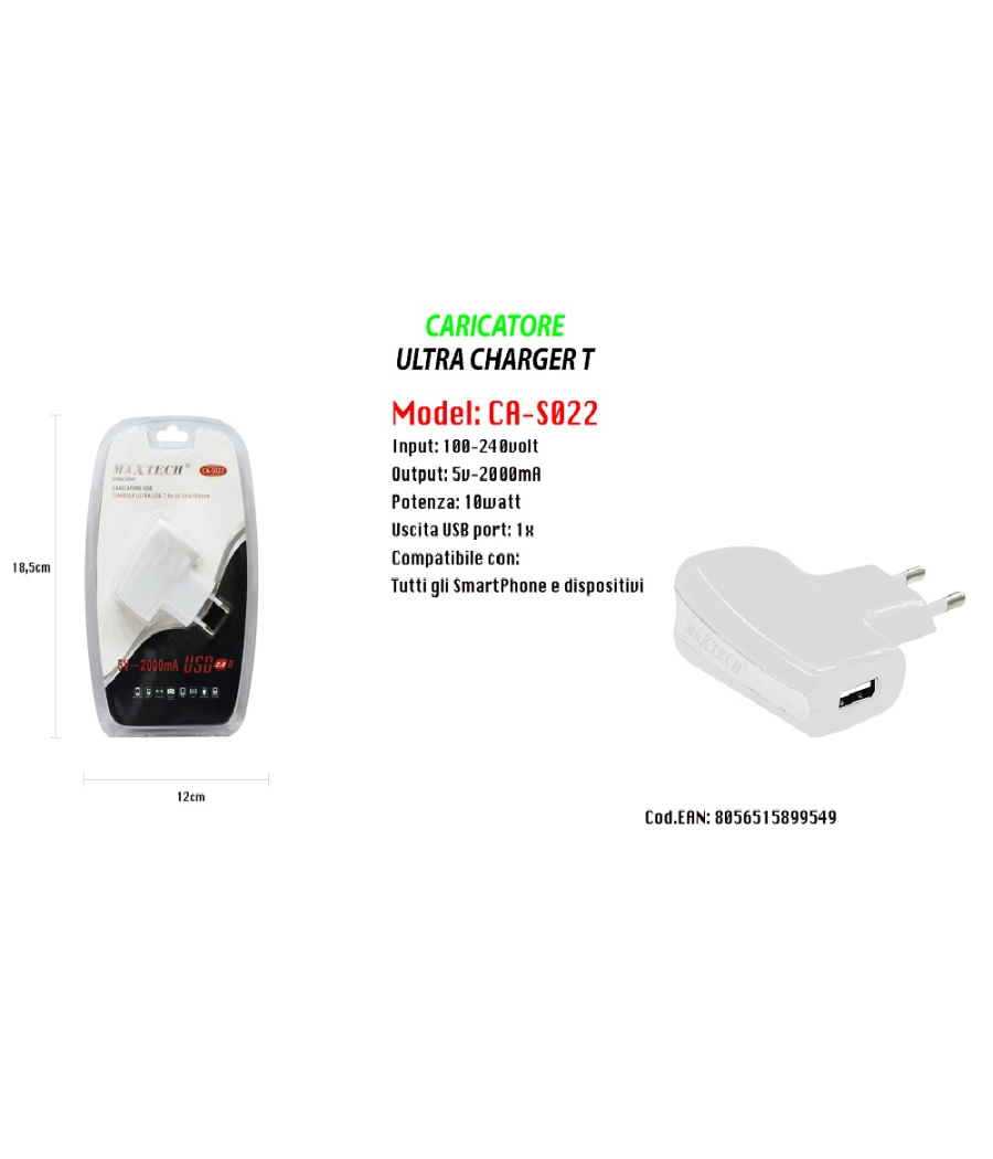 Caricatore Usb A Presa Spina Ricarica Smartphone Dispositivi 5v-2000ma Maxtech Ca-s022         