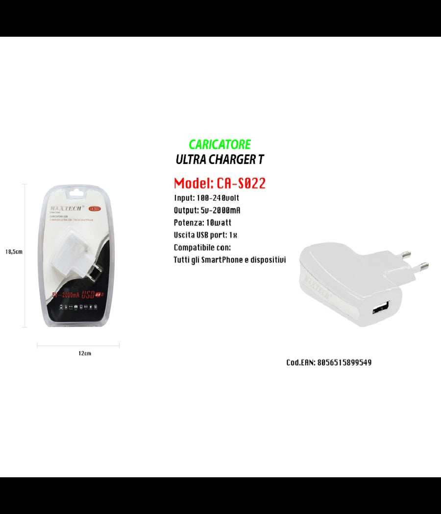Caricatore Usb A Presa Spina Ricarica Smartphone Dispositivi 5v-2000ma Maxtech Ca-s022         