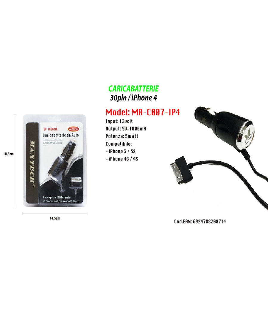 Caricatore Usb Da Auto Caricabatteria Ricarica Smartphone Ip4 5v-1000ma Maxtech Ma-c007-ip4         