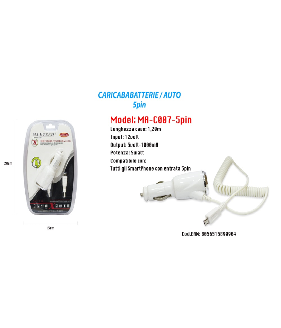 Caricatore Usb Da Auto Portatile Ricarica Smartphone 5pin 5v-1000ma Maxtech Ma-c007-5pin         