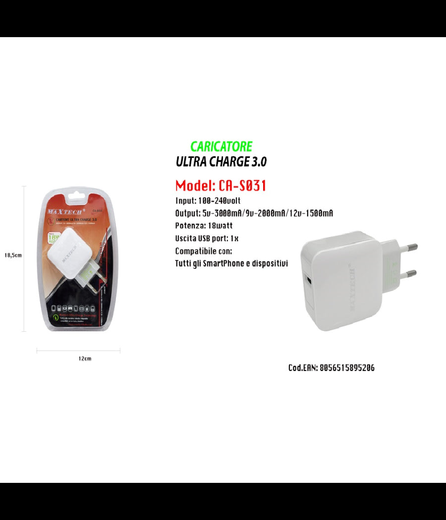 Caricatore Usb Portatile Ricarica Smartphone Cellulare Maxtech 5v-3000ma Ca-s031         