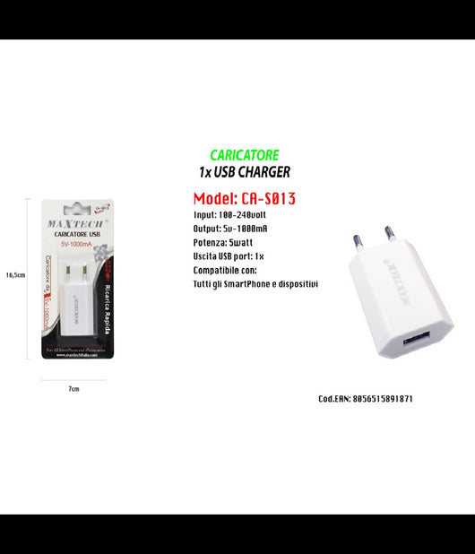 Caricatore Usb Ricarica Per Smartphone Iphone Series 5v - 1000ma Maxtech Ca-s013         