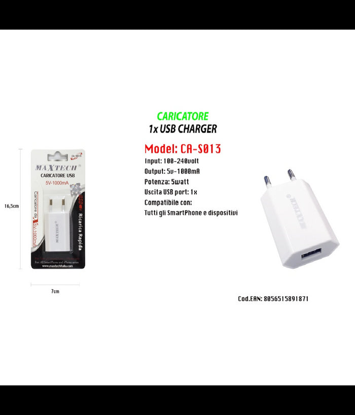 Caricatore Usb Ricarica Per Smartphone Iphone Series 5v - 1000ma Maxtech Ca-s013         