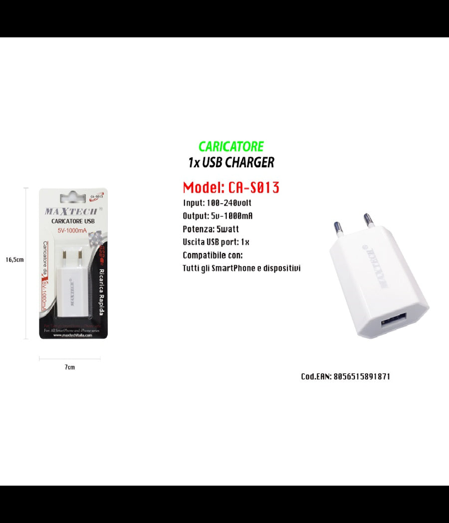 Caricatore Usb Ricarica Per Smartphone Iphone Series 5v - 1000ma Maxtech Ca-s013         