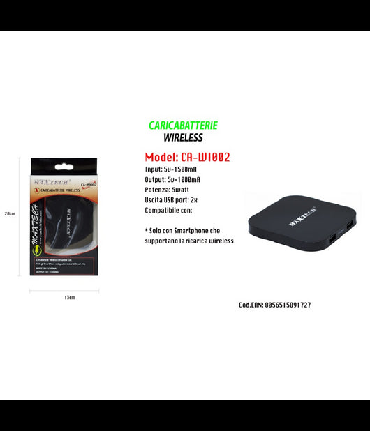 Caricatore Wifi Ricarica Wireless Smartphone Portatile 5v-1500ma Maxtech Ca-wi002         
