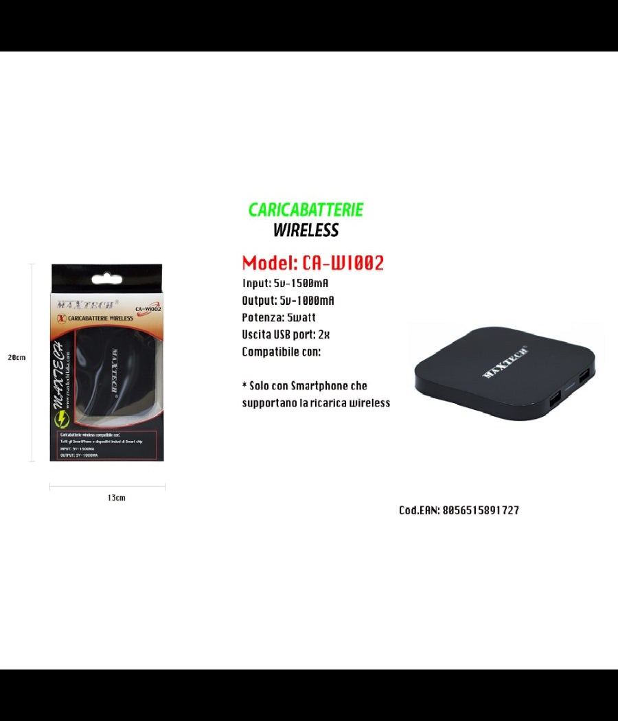 Caricatore Wifi Ricarica Wireless Smartphone Portatile 5v-1500ma Maxtech Ca-wi002         