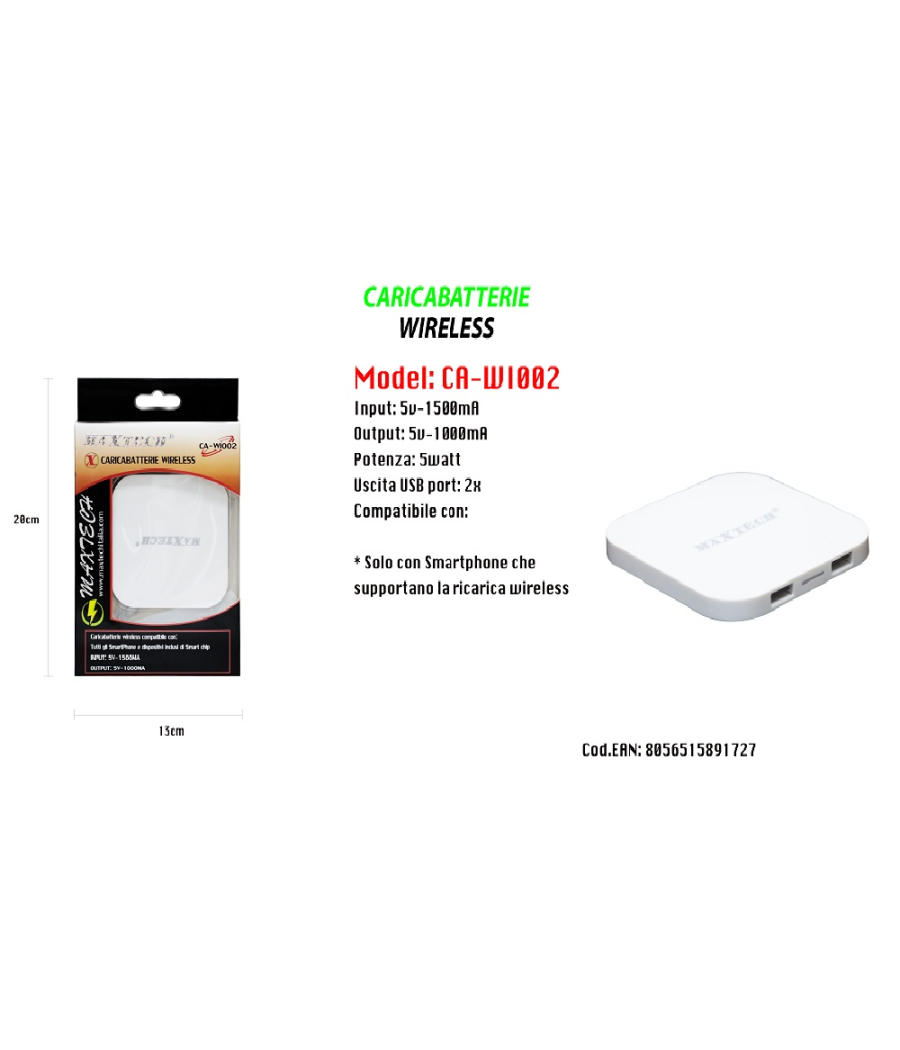 Caricatore Wifi Ricarica Wireless Smartphone Portatile 5v-1500ma Maxtech Ca-wi002         