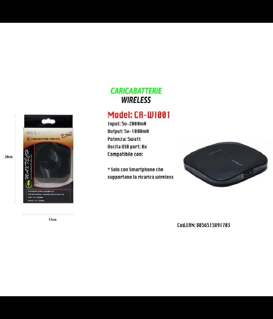 Caricatore Wifi Wireless Ricarica Portatile Smartphone 5v-2000ma Maxtech Ca-wi001         