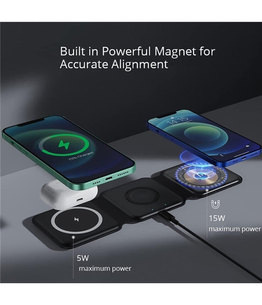 Caricatore Wireless 3in1 Universale Caricabatterie Magnetico Pieghevole Da 15 W         