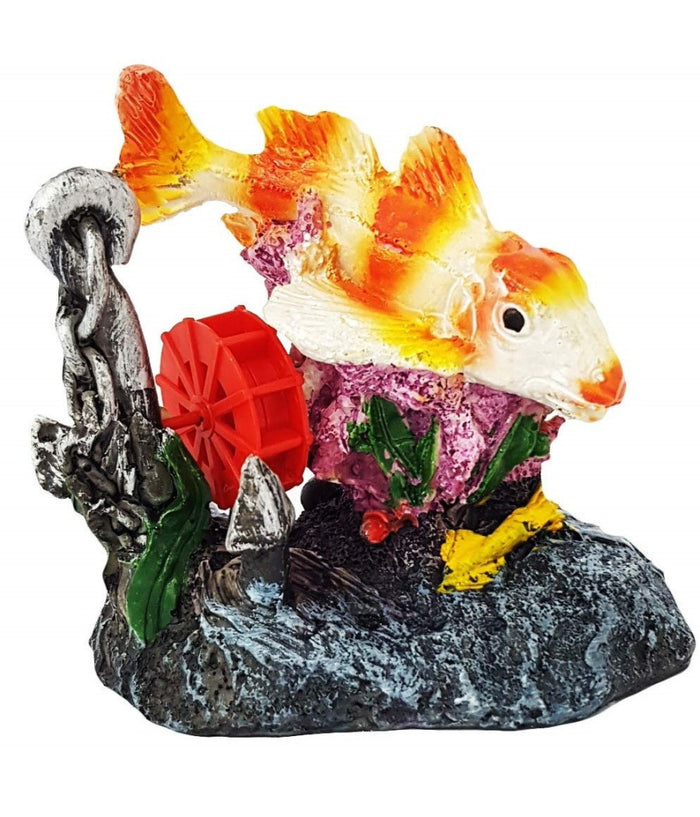 Carpa Con Mulino Ornamento Per Acquario Ancora Roccia 10.5x12x8.5 Cm Decorazioni         