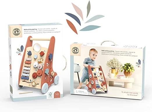 Carrellino Primi Passi Legno Carrello Multiattività, Primi Passi in Legno Giocattolo Educativo 9 attività Ruote Silenzio