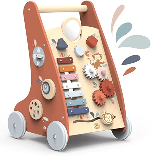 Carrellino Primi Passi Legno Carrello Multiattività, Primi Passi in Legno Giocattolo Educativo 9 attività Ruote Silenzio