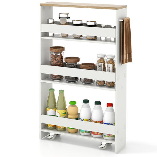 Carrello portaoggetti con maniglia ruote da cucina-Scaffale mobile salvaspazio con scaffali stretti Legno naturale