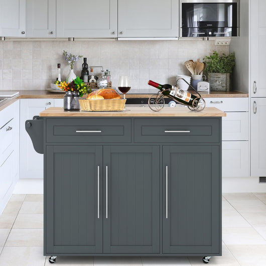 Carrello da cucina in legno con 2 cassetti e maniglia, Armadietto da cucina con ruote 122x45,5x92,5cm Grigio-Carrelli