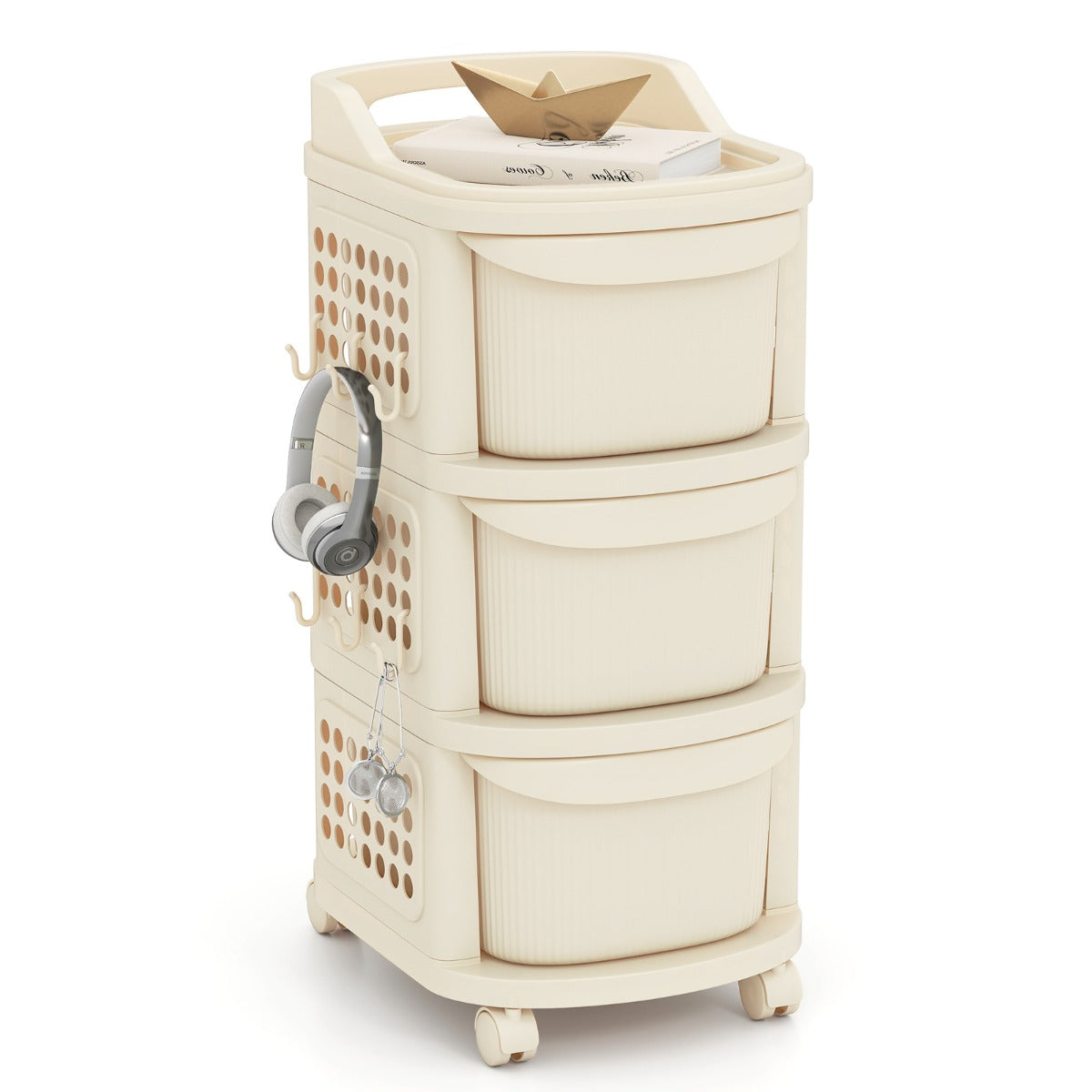 Carrello a 3 cassetti organizzatore di stoccaggio in plastica 6 ganci, Carrello pannello portaoggetti e maniglia Beige-Carrelli