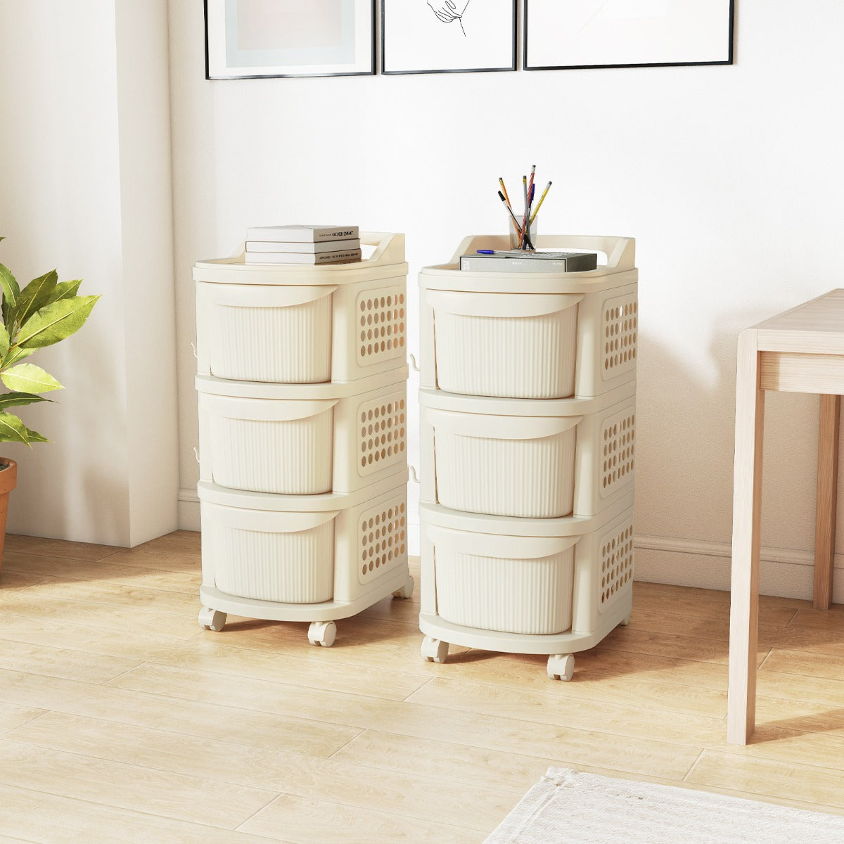 Carrello a 3 cassetti organizzatore di stoccaggio in plastica 6 ganci, Carrello pannello portaoggetti e maniglia Beige-Carrelli