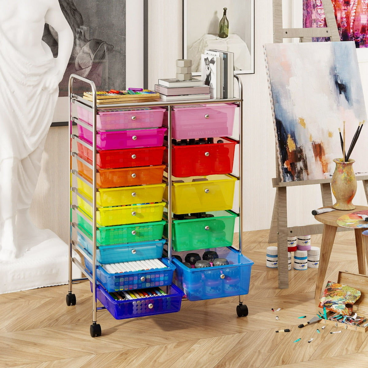 Carrello da stoccaggio con 15 cassetti con ruote universali bloccabili, Organizer per articoli da arte e mestieri per casa-Armadi da ufficio