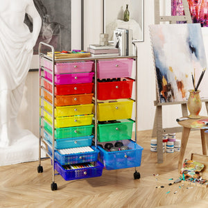 Carrello da stoccaggio con 15 cassetti con ruote universali bloccabili, Organizer per articoli da arte e mestieri per casa-Armadi da ufficio