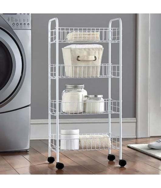 Carrello 4 Ripiani In Metallo Bianco Con Ruote Soluzione Salvaspazio 81x37x26cm         
