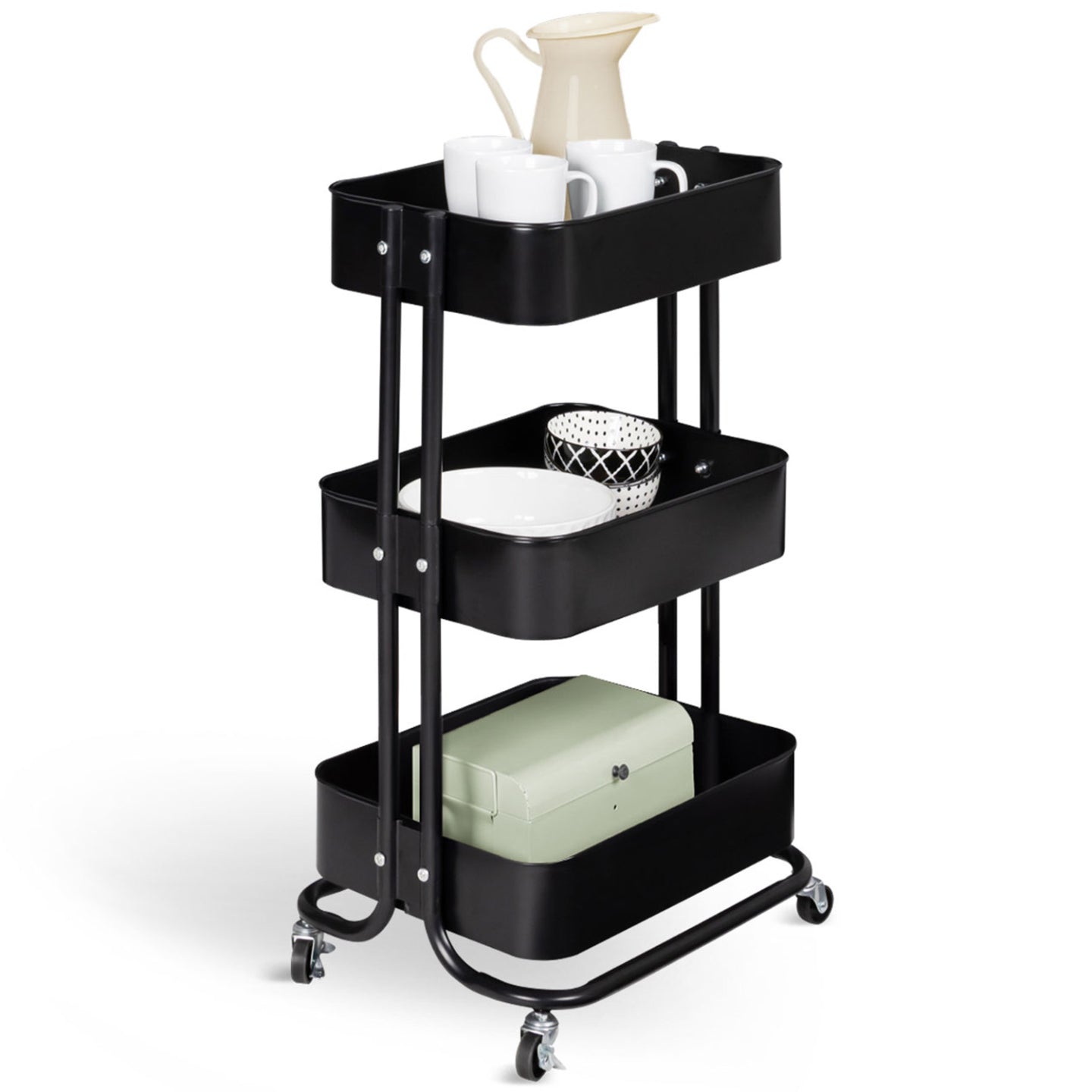 IDMarket - Carrello a 3 livelli con ripiano portaoggetti su rotelle, acciaio nero