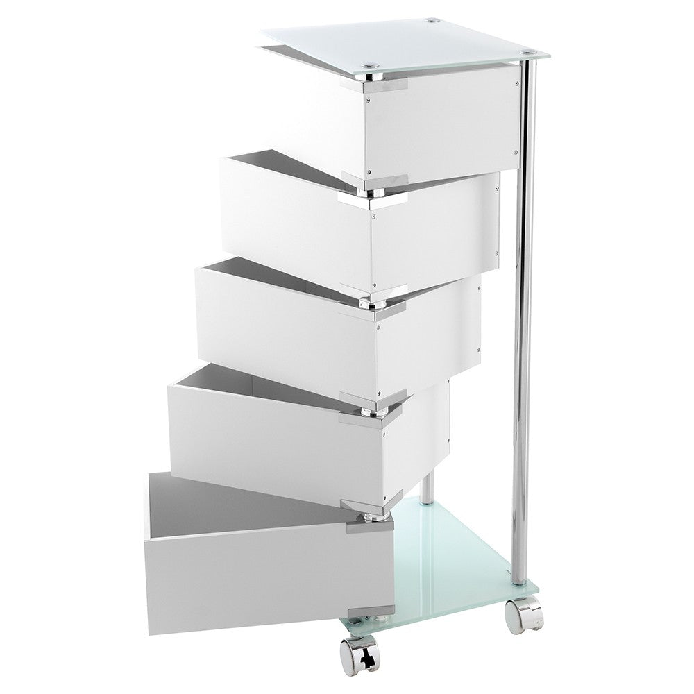 Carrello bagno trasportabile con 5 cassetti girevoli in acciaio e vetro