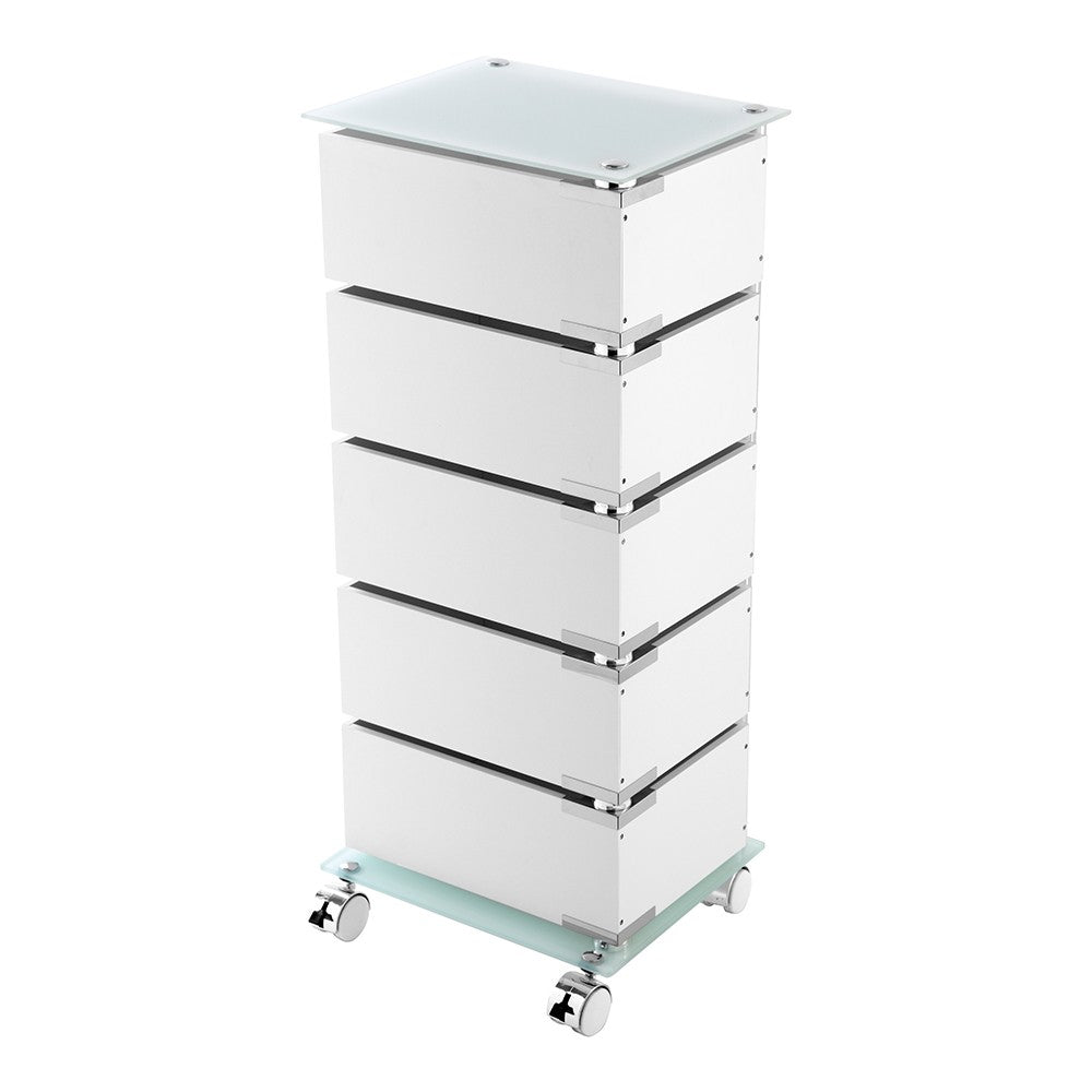 Carrello bagno trasportabile con 5 cassetti girevoli in acciaio e vetro