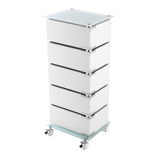 Carrello bagno trasportabile con 5 cassetti girevoli in acciaio e vetro
