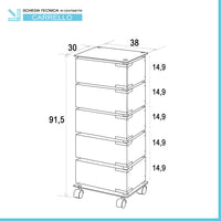 Carrello bagno trasportabile con 5 cassetti girevoli in acciaio e vetro