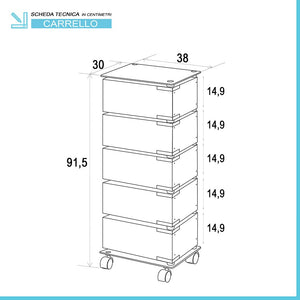 Carrello bagno trasportabile con 5 cassetti girevoli in acciaio e vetro