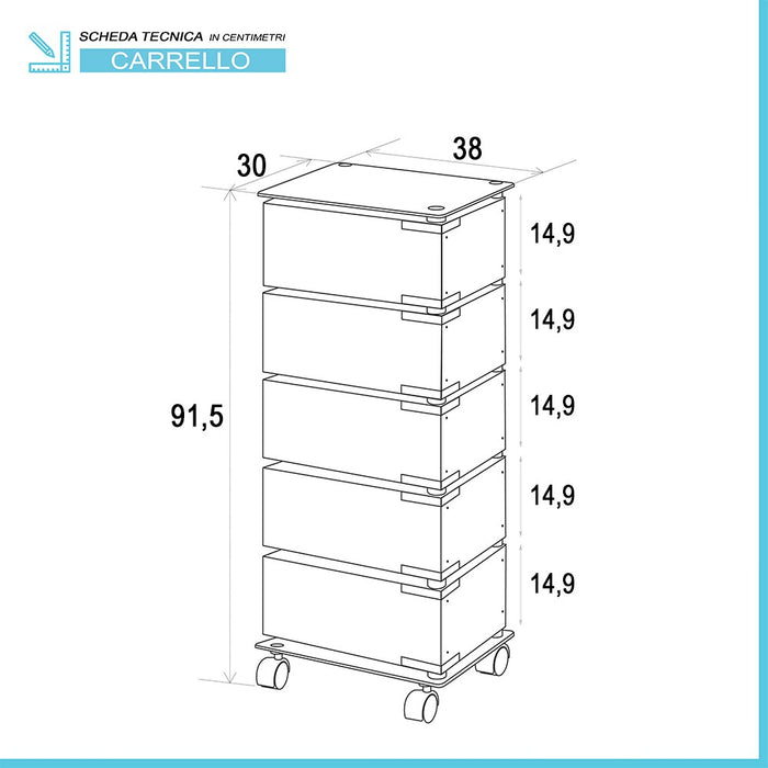 Carrello bagno trasportabile con 5 cassetti girevoli in acciaio e vetro